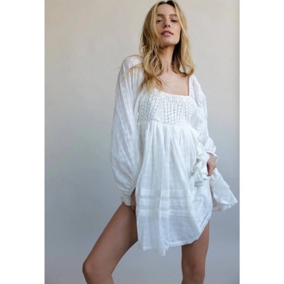 Free People Dresses & Skirts - Free People NWT White Crochet Top Square Neck Puff Sleeve Ari Mini Dress